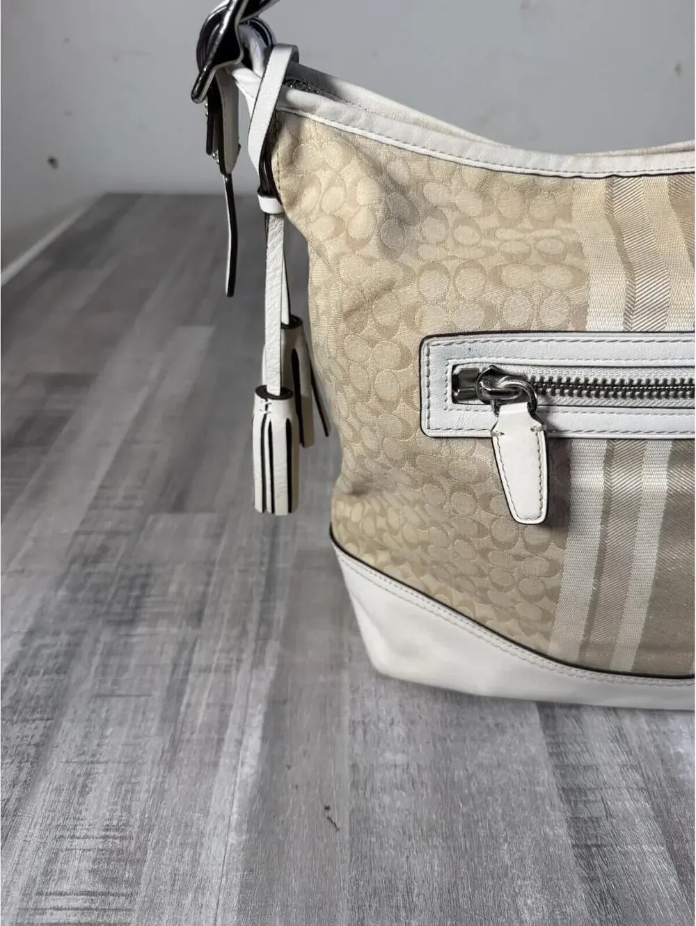 NCOACH LEGACY Khaki Ivory Signature Glitter Stripe Convertible Duffle Bag